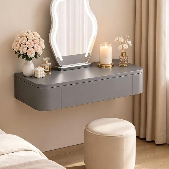 Floating Vanity Desk Corner Wall Mounted Makeup Table with Storage Drawers