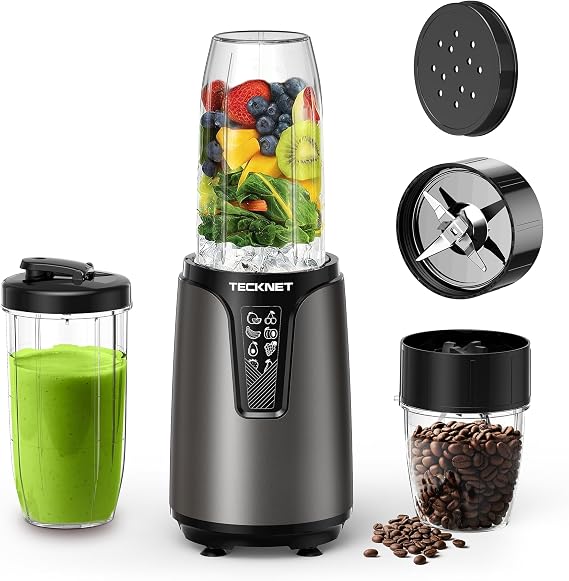 TECKNET 1000 W Smoothie Maker Smoothie Mixer with 2 BPA-Free Cups (500 ml & 150 ml) Stand Mixer Small with Cross Blades Made of 304 Stainless Steel Smoothie Maker to Go for Milkshakes & Smoothie & Baby Food