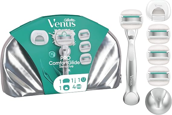 Gillette Venus Pro ComfortGlide Sensitive Razor for Women, 1 Handle & 3 Blade Refills - SkinCushion Lubrication, Sensitive Skin Protection, Reusable Metal Handle, Shower Holder, Travel Bag