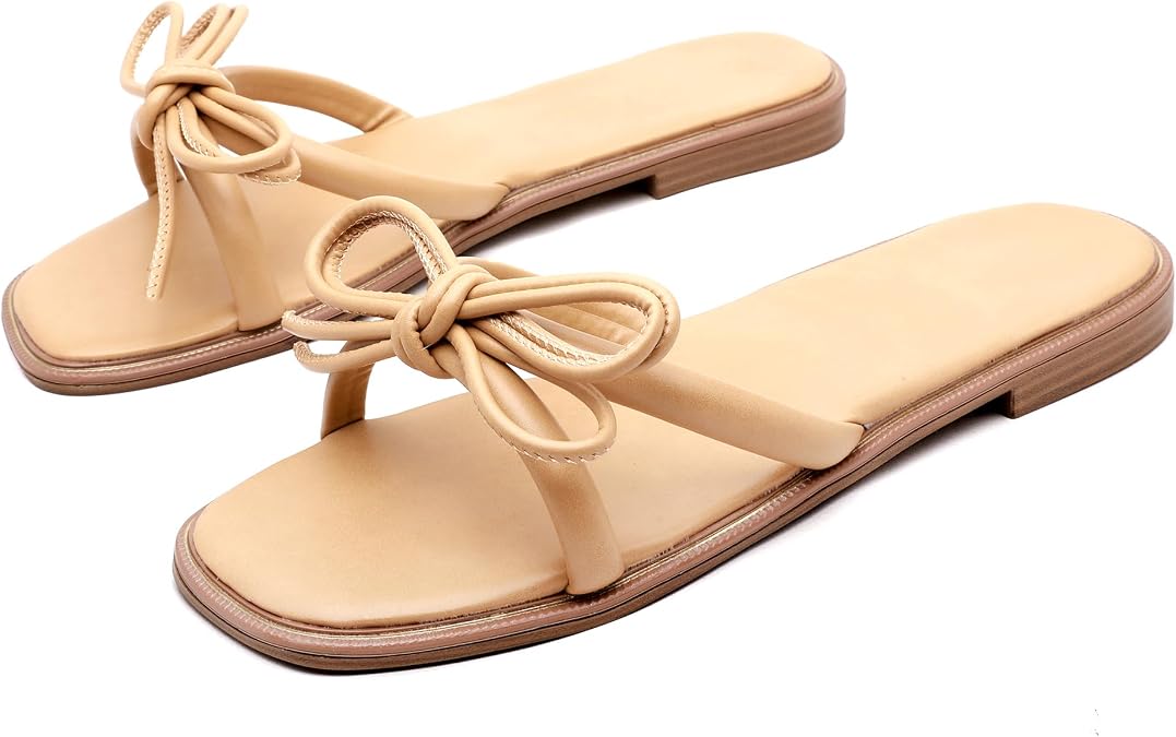 Women's Bow Decor Flat Slide Sandals - Open Toe Square Toe Casual Summer Slippers for Beach & Daily Wear
