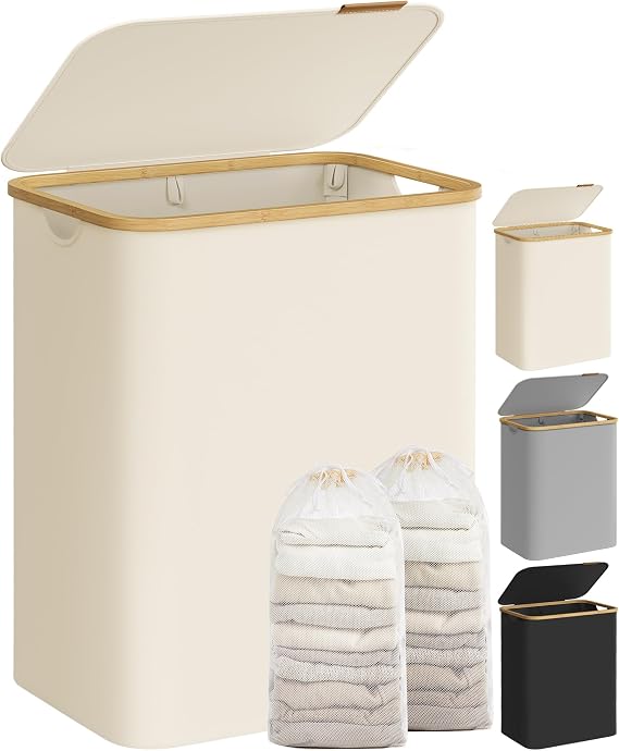 SONGMICS 130L Laundry Basket with Lid, Laundry Hamper with Bamboo Handles