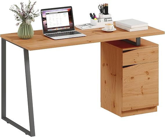 HOMCOM Computer Desk, Writing Desk with Cabinet, Drawer, Adjustable Shelf, Metal Legs, Work Table for Home Office Study, 135L x 60W x 75H cm, Natural Wood Finish