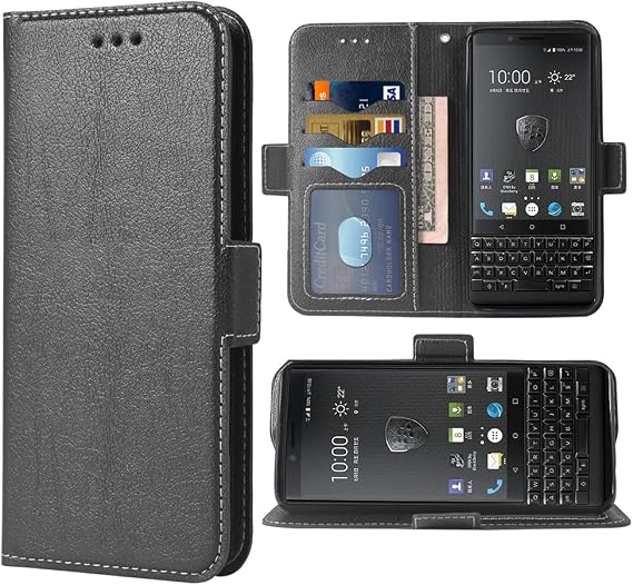 Compatible with BlackBerry KEY2 Wallet Case Wrist Strap Lanyard Leather Flip Cover Card Holder Stand Cell Accessories Phone Cases for BBF100-1 BBF100-2 BBF100-4 BBF100-6 Women Men Black