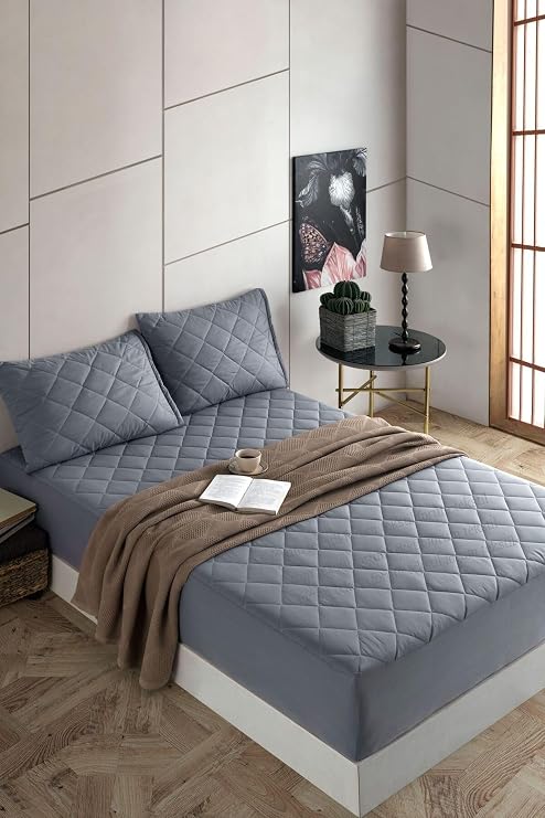 Formeya Alez Seti, Kapitone Yatak Koruyucu-2 Adet Yastık Koruyucu Alez SET (Gri, 140 x 200)