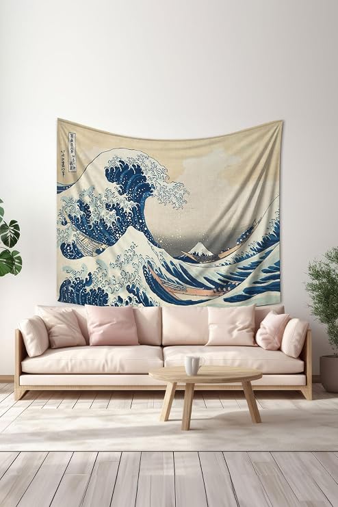 Kanagawa Dalgası Desenli Duvar Örtüsü Duvar Halısı Tapestry Süetimsi Dokulu%100 Polyester Kumaş