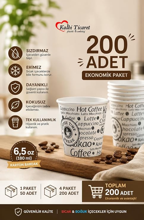 Karton Bardak 6,5 Oz 200'lü Sızdırmaz Erimez Kokusuz Kullan At Bardak Kağıt Bardak