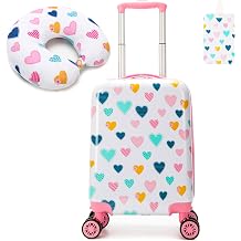 HTgroce 2-Piece Children's Suitcase Set Girls, Children's Hand Luggage Suitcase with Neck Pillow and Suitcase Tag, Children's Suitcase Trolley Hard Case for Girls, A-heart