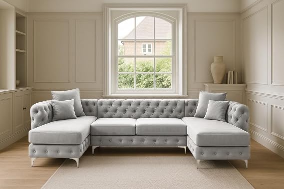 Sofaya U-Shaped Chesterfield Sofa – Deep Button Tufted Sectional with Chaise, Cushions & Chrome Legs – 4–5 Seater Upholstered Couch for Living Room (Light Grey Plush, U-Shape Sofa)