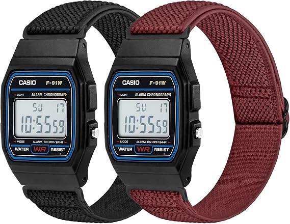 Elastic Watch Straps Compatible with Casio F-91W/F-84/F-94/F-105/F-108/AE-1200/W-217H/W-218H/A-158W/A-168W/SGW-300H/W-800H, Adjustable Stretchy Sport Strap Comfortable Nylon Replacement Band