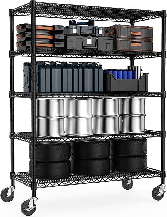 M MZG Height Adjustable Shelves,Heavy Duty Wire Pantry Shelving for Tool Sheds, Garage, and Storehouse,Metal, Black,5 tier,60cm D x 135cm W x 186.9cm H