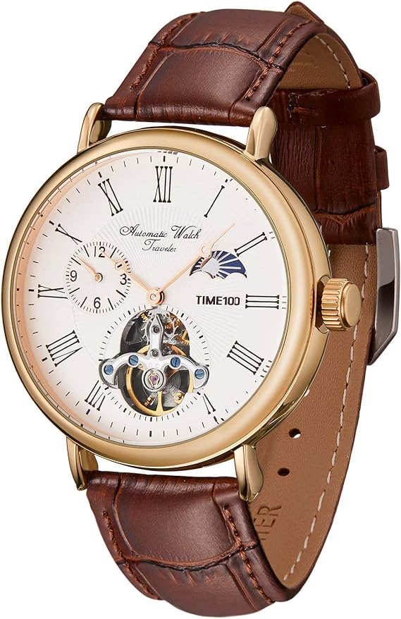 TIME100 automatik Uhr HerrenSelbstaufzug mechanisches Uhrwerk30-50Meter wasserdicht Echtes Lederband/Edelstahlarmband Atmungsaktiv und bequemSkelett Uhren für MännerGift for Men