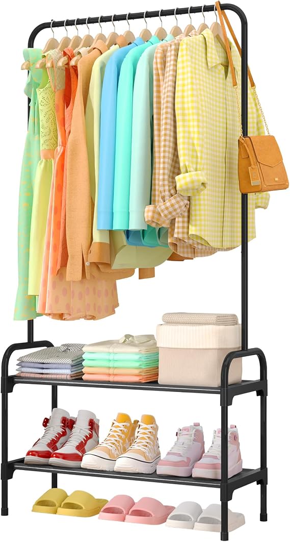Sakugi Freestanding Clothing Rack 2-Tier Shoe Shelf, 74x30x150cm, Black | Large Capacity Freestanding Clothes Rail, 2-Tier Shoe Organizer, Non-Slip Feet, For Bedroom, Entrance & Laundry