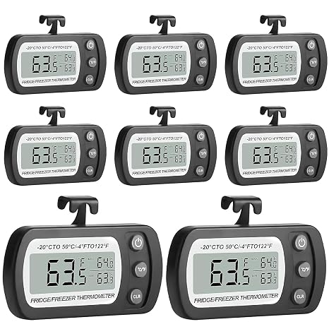 8 Pack Digital Refrigerator Freezer Thermometer with LCD Display, Waterproof Small Black Fridge Thermometer with Hook for Kitchen Home, ℃/℉ Switch, Max/Min Record