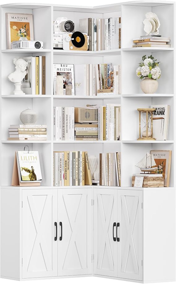 FirFurd Corner Bookcase L Shaped Bookshelf with Doors Display Cabinet White