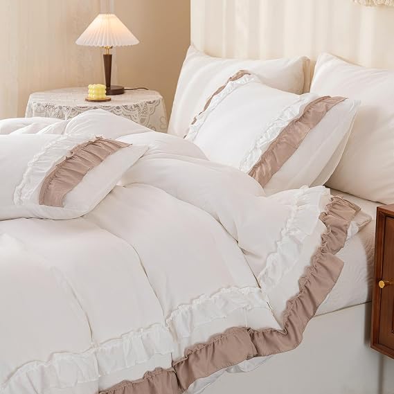 Herside White Taupe Ruffle Duvet Cover King Shabby Chic Bedding 2 Layers Ruffle Design Farmhouse Boho Bedding Sets 1 Duvet Cover 2 Pillowcases (White-Taupe, King)