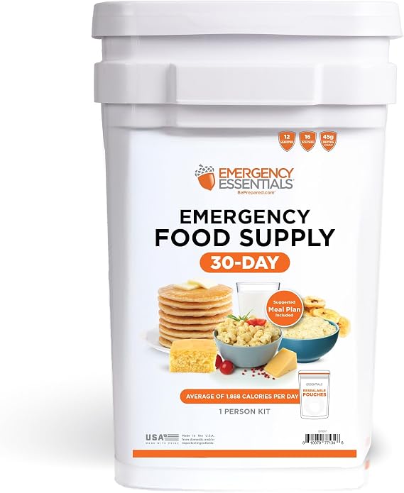Emergency Essentials 1-Month Emergency Food Supply Bucket, 257 Servings, 56,650 Calories | Long-Term Survival Food Kit for Disaster Preparedness, Camping, and Power Outages