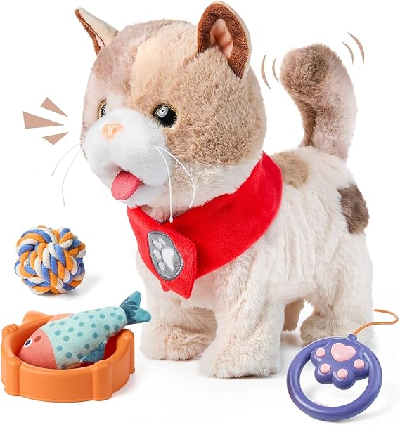 Interactive Electronic Plush Cat Toy for Kids, Realistic Walking Cat Toy That Walks, Meows,Tongues Out and Wags Tail, Kitten Pet Toy with Leash, Birthday Gift for Boys and Girls 3 4 5 6 7 Years Old
