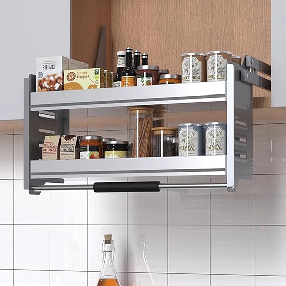 EMYJAY Pull Down Shelving System, 2-Tier Pull-Out Shelf Kitchen Wall Cabinet Storage (Color : Grå, Size : 650)