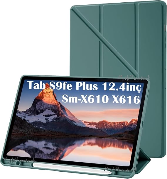 Samsung Galaxy Tab S9 Fe Plus 12.4 Kılıf Kalem Bölmeli Katlanabilir Standlı Pu Deri Yumuşak Silikon X610 X616 S9 Plus ilede Uyumlu (Koyu Yeşil)
