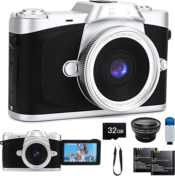 Moledro Digital Camera 4 K Digital Camera 68 Million Pixels 180 Degree Rotatable Display  with Wide Angle Lens  with 32 GB Micro SD Card 16x Digital Zoom Autofocus Function Image Stabilization Web Camera Convenient Selfie 3 Inch Large Screen 2 Batteries Compact Retro Camera with OTG Card Reader (Black)