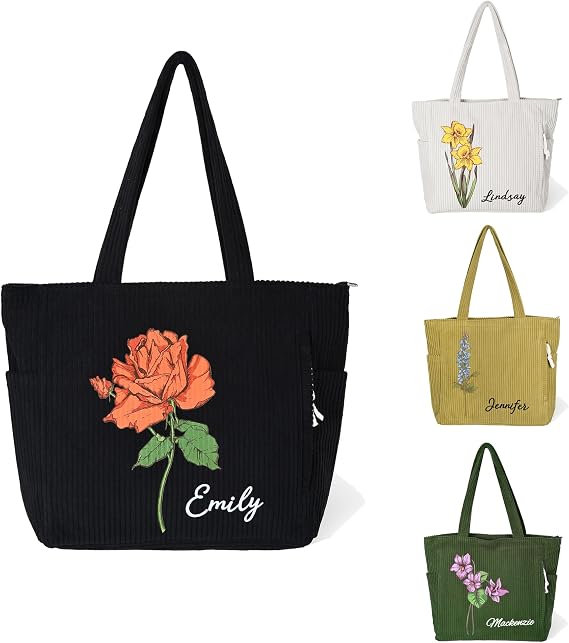 Personalised Cute Corduroy Tote Bag With Zipper Side Inner Pocket Large Customised Name Birth Flower Tote Bag for Work Everyday Travel Church Birthday Gifts for Women Mother