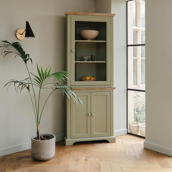 Florence Corner Display Cabinet, Sage Green Glass Door Corner Dresser | W78cm, D35cm, H200cm | Assembled Kitchen Dining Living Room Furniture (sage green)
