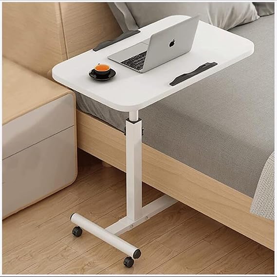 Mobile Overbed Table With Wheels，Portable Over Bed Sofa End Table，Adjustable Height Bedside Laptop Table Hospital Nursing Reading Eating Table (Color : White)