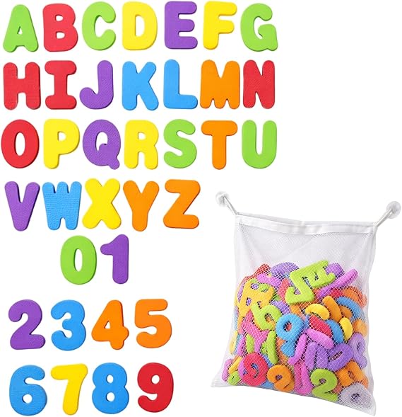 36 PCS Floating Alphabet Set with 34 cm x 45 cm Suction Net Bag,Bath Letters and Numbers, Letters and Foam Bath Toys, Educational Bath Time Learning Activities
