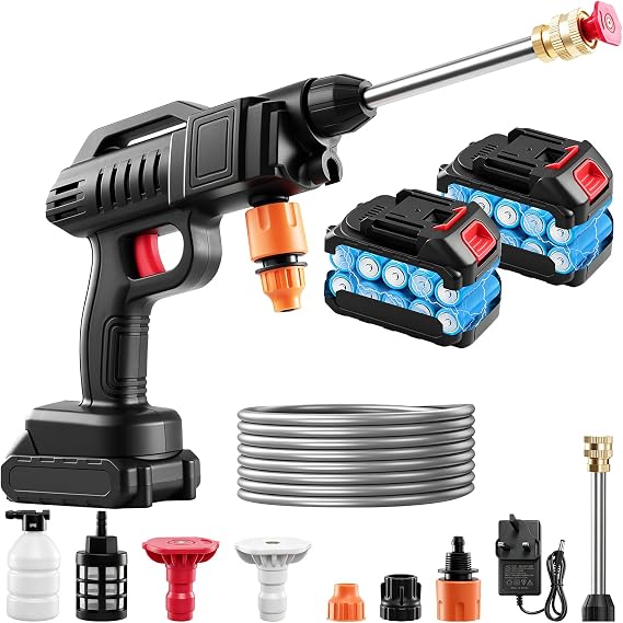21V Handheld Pressure Washer Kit, Cordless Pressure Washer, 1500W High Pressure Washers with 2 Nozzles, 16.5ft Hose, 2 Batteries, Cordless Power Washer for Car Floor Gardening (Without bucket)