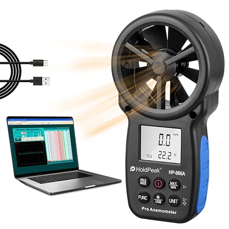 Holdpeak Digital Anemometer Handheld CFM Meter HP-866A with USB Connection Dew Point Air Mass Meter with Data Hold & USB & Relative Humidity (Black)