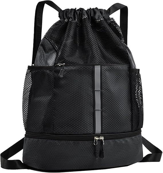 seyfocnia Drawstring Backpack with Shoe Compartment, Mesh Swimming Bag Drawstring Gym Bag with Wet Pocket Waterproof Sports Beach Bag for Swim Soccer Gym Workout Gear