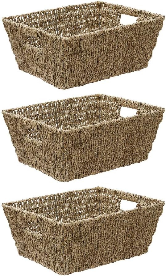 JVL Large Hand Woven Seagrass Rectangular Storage Basket, H:16 x W:38 x D:29cm, Capacity:14L, Set of 3 Natural