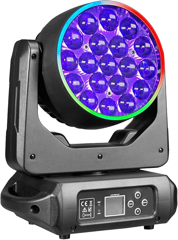 Professional Moving Head Stage Light,19 * 15W RGBW LED DJ Lights, 17/25 Channel with Zoom, DMX 512 Control,Auto Run,Sound Activation, Wash&Beam Effect for Party (1 Pack) [Energy Class G]
