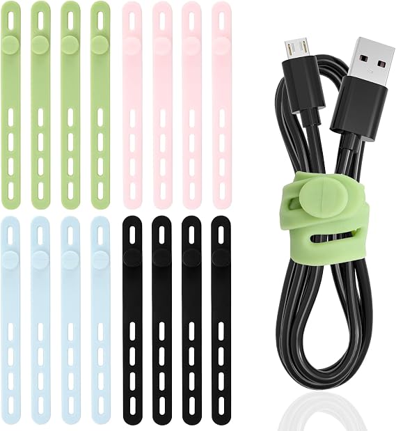 TamBee Silicone Cable Ties Reusable Cable Straps 16pcs Cable Wire Ties Cable Cord Organizers for Earphone Phone Charger Audio Cable Computer (16Pcs, 4 Colors)