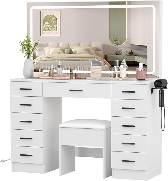 Dressing Table and Stool set, 11 Drawer Vanity Table with 3-Color Big LED Mirror Lights Brightness Adjustable Transparent Glass Top & Built-in Plug Socket Makeup Desk for Bedroom Dressing Room (White)