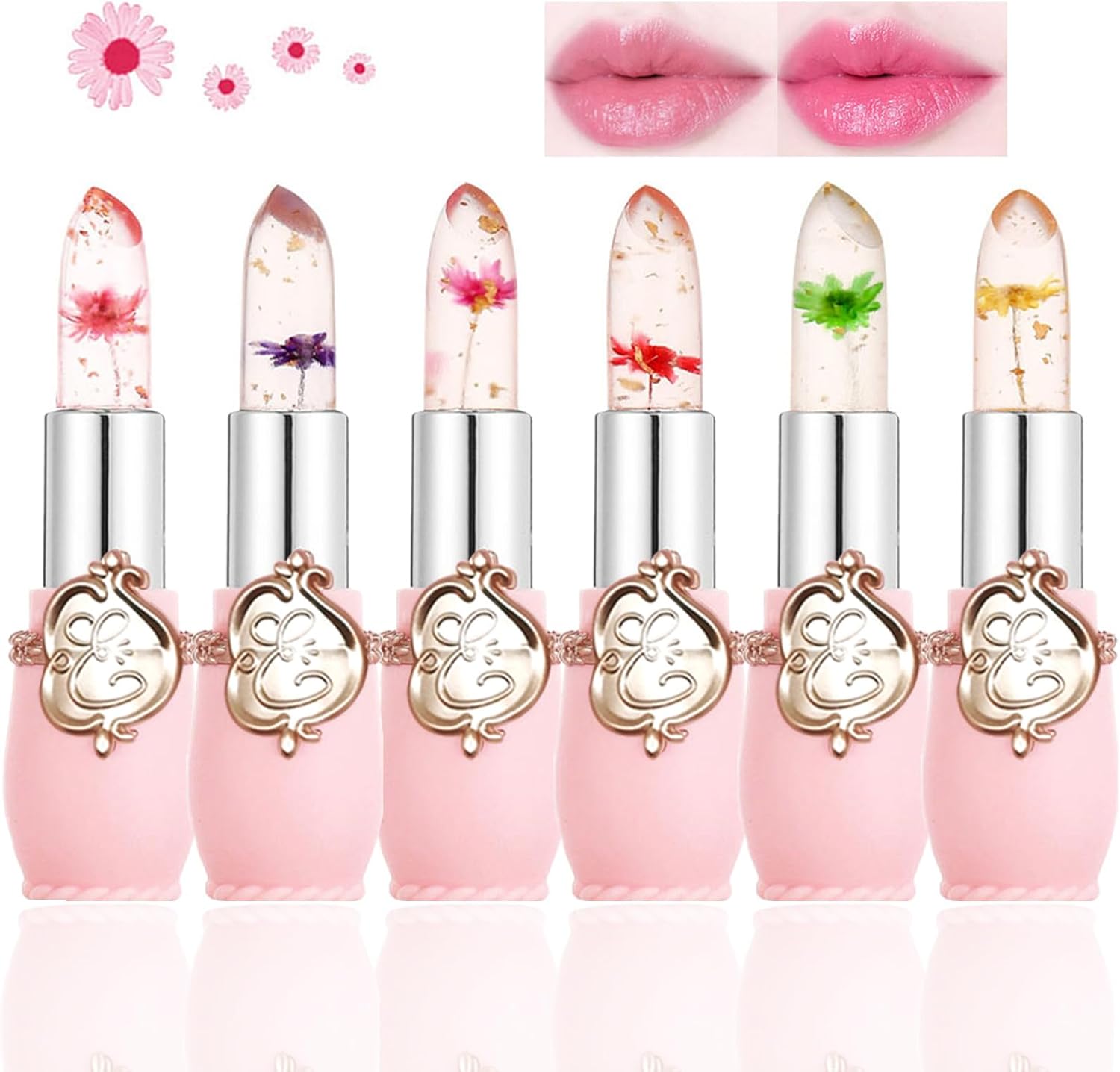 Clear Flower Jelly Lipstick, 6 Packs Nutritious Moisturizer Lip Balm Temperature Color Change Lipstick Matte Long Lasting Lip Gloss Pink