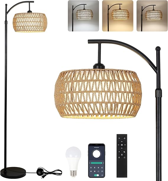 Rayofly Arc Floor Lamp for Living Room, Dimmable Floor Lamps with Remote Control, Boho Standing Lamp with Rattan & Linen Double Shades, Black Reading Tall Lamp for Bedroom Office, 9W LED Bulb Included [Energy Class D]