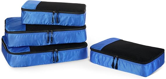 Amazon Essentials 4-Piece Packing Cubes Travel Accessories Set, Luggage Organiser with Double Zip, Mesh Top, Polyester, 2 Medium/2 Large, Blue (Previously Amazon Basics)