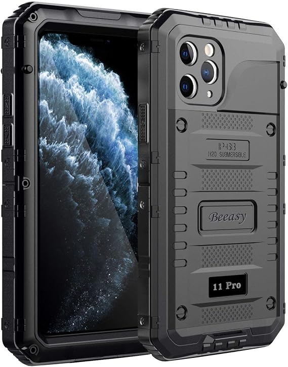 Beeasy iPhone 11 Pro Case Black, Waterproof Shockproof Tough Heavy Duty, with Built-in Screen Protector 360 Degree Full Body Military Protective, Drop Proof Metal Cover for Outdoor Sport