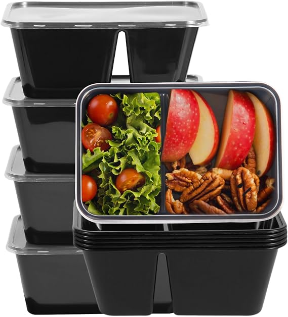 10Sets 32oz Meal Prep Containers Reusable with Lids, 2 Compartment with Portion Control Storage for Lunch or Takeaway, Plastic Disposable Bento Box To Go Take Out, Microwave Freezer Dishwasher Safe