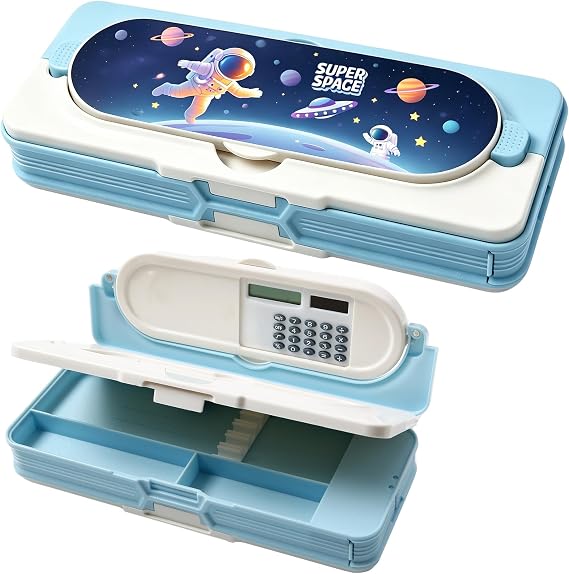 Multifunctional Pencil Case for Girls, Plastic Pencil Box with Calculator, Sharpener and Drawer, Cute Cartoon Pen Box Organizer Stationery, Best Birthday Gifts for Kids Teens (Blue)