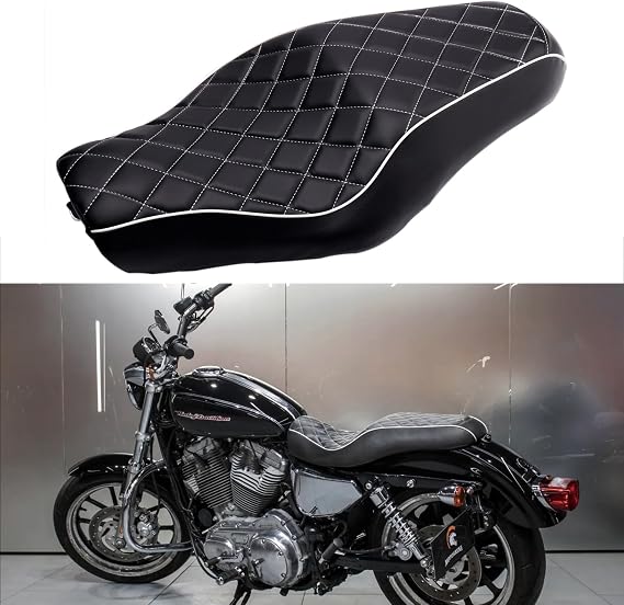 ブラック オートバイ フロント ドライバー リア 助手席 ツーアップ レザー シートクッション Harley Davidson Sportster Iron 883 SuperLow 1200T XL1200T に対応
