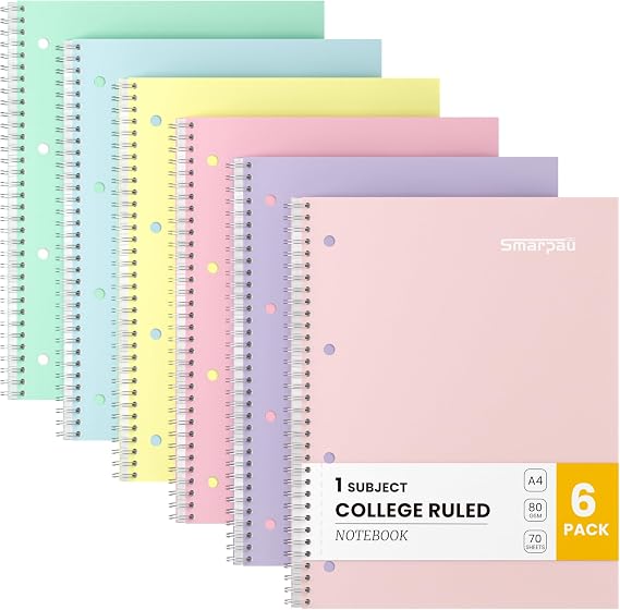 Smarpau A4 Spiral Notebook 6 Pack, Pastel College Ruled Notebooks