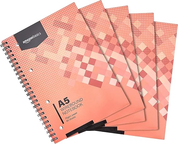Amazon Basics Wirebound Notebook, 80 Sheets / 160 Pages, A5, 70GSM, [5-Pack], White