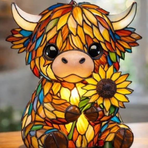 Stained Highland Cow Lamp, Vintage Highland Cow Lamps Stained Resin Table Lamps, Animal Series Night Light Home Decor, 3D Cute LED Animal Bedside Table Night Lights for Cow Lovers (Yellow) [Energy Class A+]