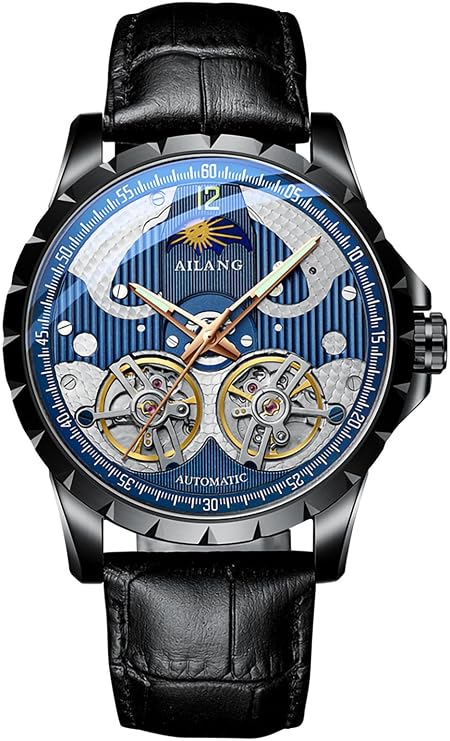Men's Skeleton Watches Automatic Ailang Watch with Dual Balance Wheels Wristwatch