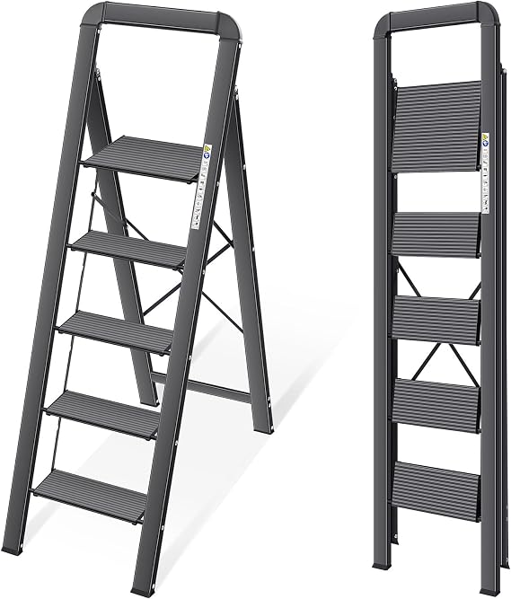 KINGRACK Step Ladder, 5 Steps, Folding Step Ladder with Handrail, Non-Slip Household Ladders with Folding Safety, Aluminium Step Stool, Maximum Load 150 kg - Black