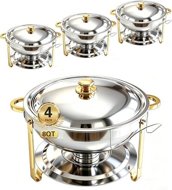 Beviliu 9 Litre Chafing Dish Buffet Set, 4 Pack 8QT Round Chafing Dishes & Food Warmers, Gold Chafing Dishe for Buffet, Stainless Steel Chafer for Catering Lid & Lid Holder, Food Warmers for Partie