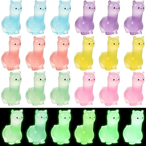 18pcs Luminous Resin Tiny Alpaca Statue Cute Mini Alpaca Figures Colorful Glowing Resin Animals with 6 Colors for Aquarium Garden Landscape Christmas Birthday Party