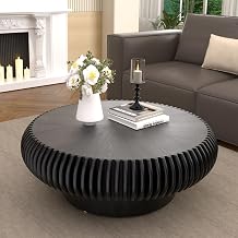 Modern Round Coffee Table for Living Room, Round Wood Fluted Drum Coffee Table Mid Century Low Circle Center Tables for Living Room,Black,80cm